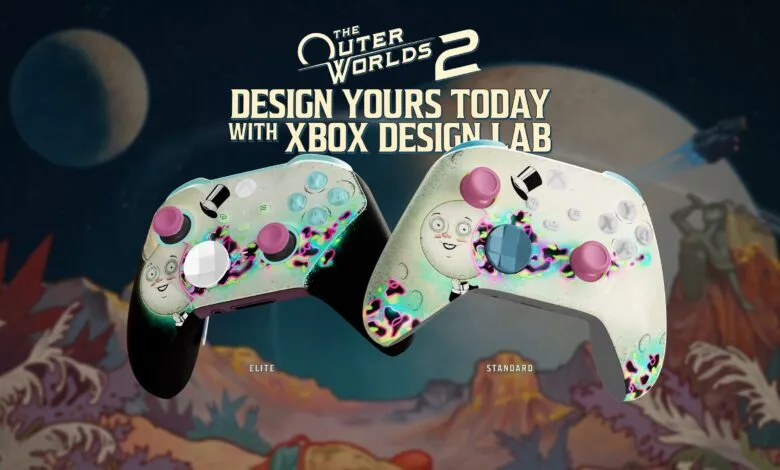 Two custom Xbox controllers with The Outer Worlds 2 theme and cartoon moon characters.