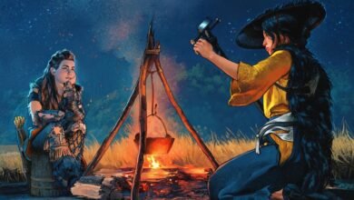 Two women by a campfire at night, one crafting and one resting.