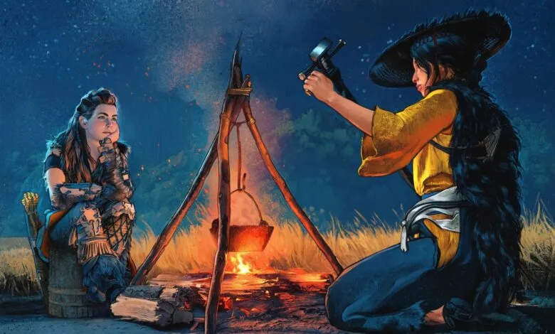 Two women by a campfire at night, one crafting and one resting.