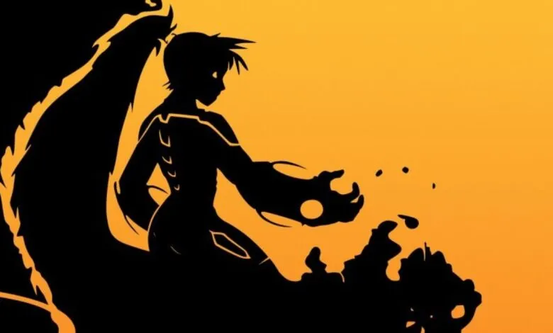 Silhouette of a character with fiery wings against an orange background.