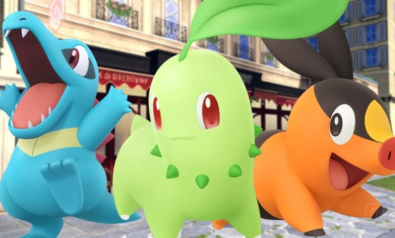 Three popular Pokémon characters: Totodile, Chikorita, and Tepig, in a city setting.