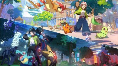Collage of Pokémon characters and trainers in urban and park settings.
