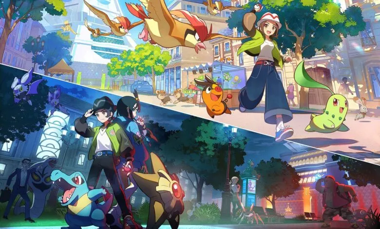 Collage of Pokémon characters and trainers in urban and park settings.