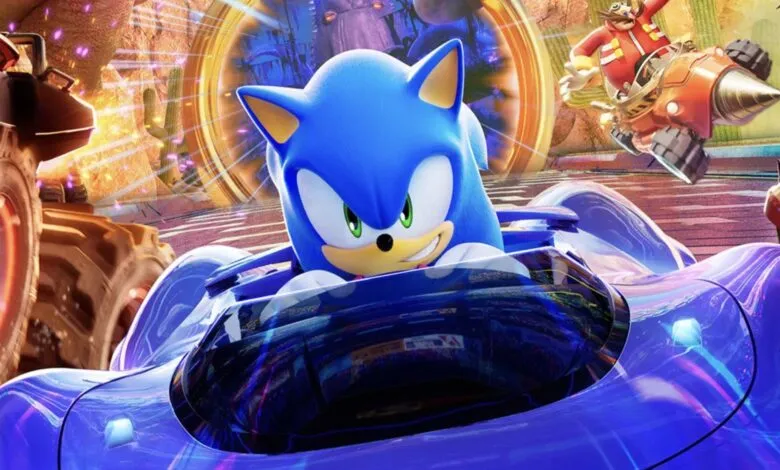 Sonic the Hedgehog in a futuristic blue race car, with Dr. Eggman in a drill vehicle behind him.