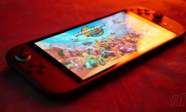 Nintendo Switch displaying Mario Kart World game screen with characters and tracks.