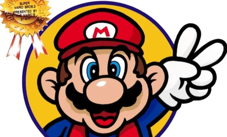 Mario giving a peace sign with a Super Mario Bros. 2 award ribbon.