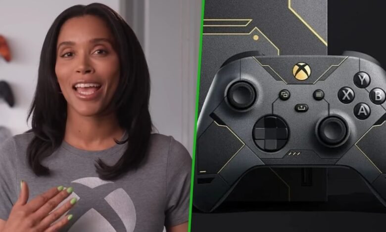 Woman in Xbox t-shirt next to a sleek black and gold Xbox controller.
