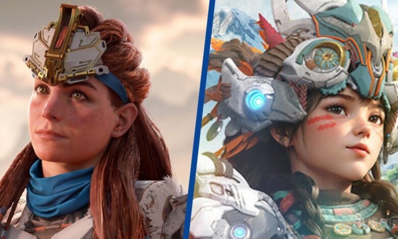 Split image showing Aloy from Horizon Forbidden West and a stylized anime character with similar headwear.