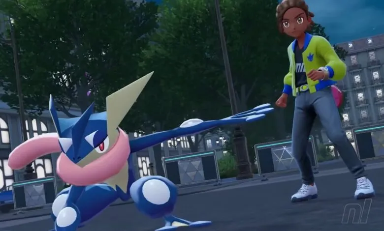 Greninja in a battle stance facing a trainer in a city setting.