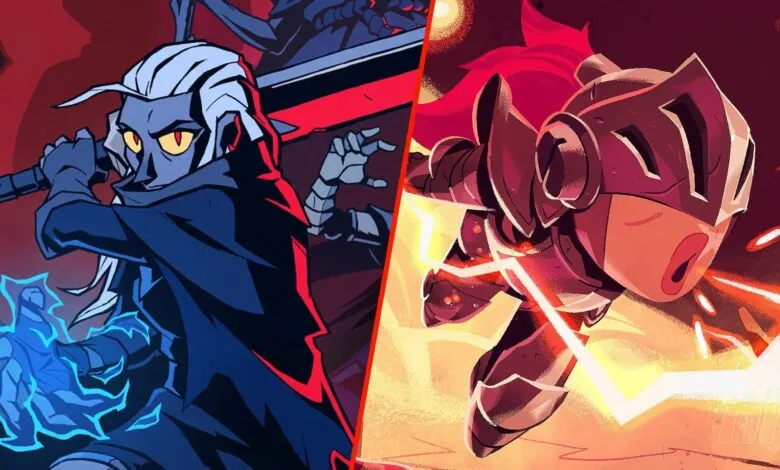Two stylized characters in a dynamic split-screen illustration, one wielding blue energy, the other in red armor.