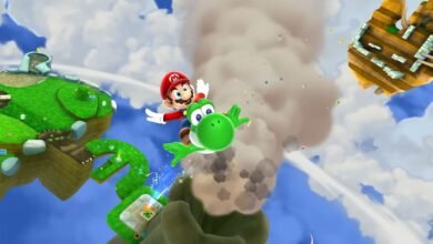 Mario rides Yoshi through a cloudy sky with floating islands and a smoky volcano.