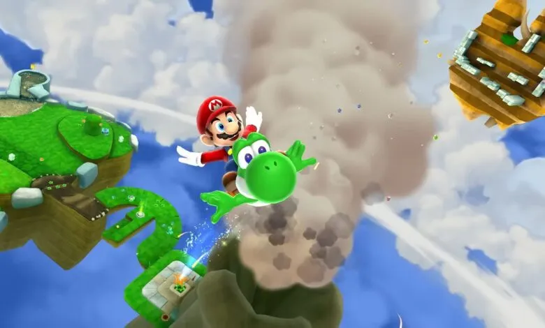 Mario rides Yoshi through a cloudy sky with floating islands and a smoky volcano.