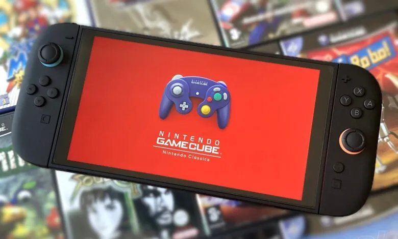 Nintendo Switch displaying a GameCube controller and logo with game cases in the background.