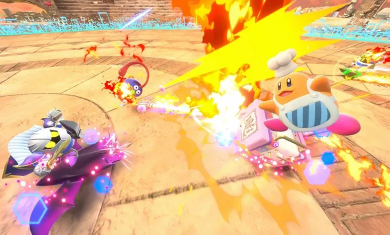 Kirby characters in a chaotic battle with fire and energy blasts.