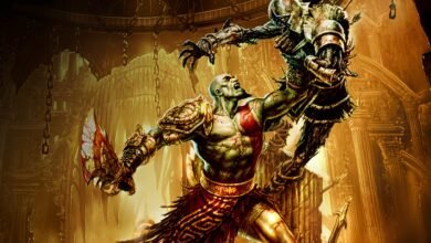 Kratos battles a skeletal warrior in a ruined temple.