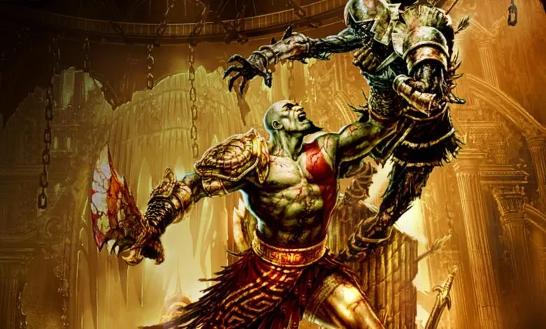 Kratos battles a skeletal warrior in a ruined temple.