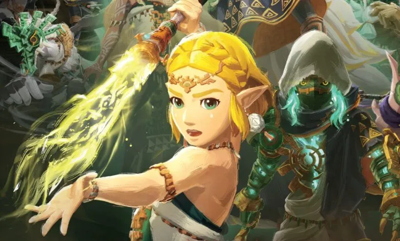 Princess Zelda wields a glowing Sheikah Slate sword, surrounded by allies.