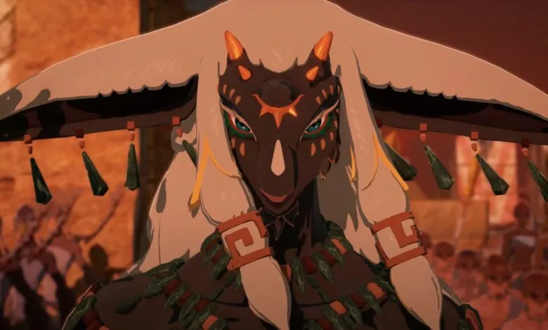Close-up of an animated character with dark skin, intricate facial markings, and large, striking blue eyes.