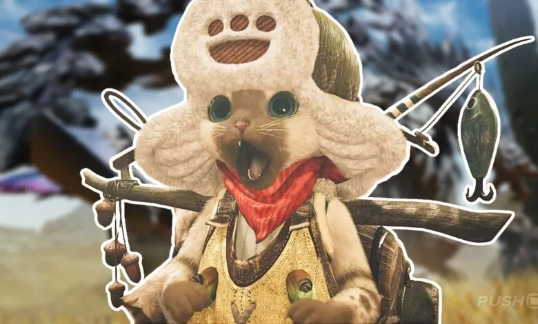 A cartoon cat character wearing a fluffy hat and overalls, holding a fishing rod with a lure.