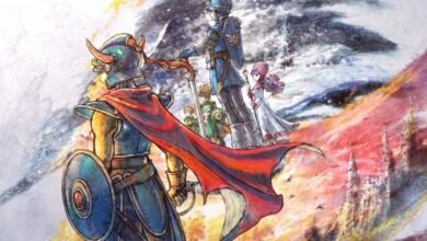 Fantasy adventurers in armor and cloaks stand before a dramatic, colorful sky and distant castle.