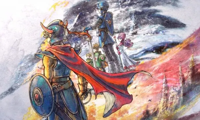 Fantasy adventurers in armor and cloaks stand before a dramatic, colorful sky and distant castle.