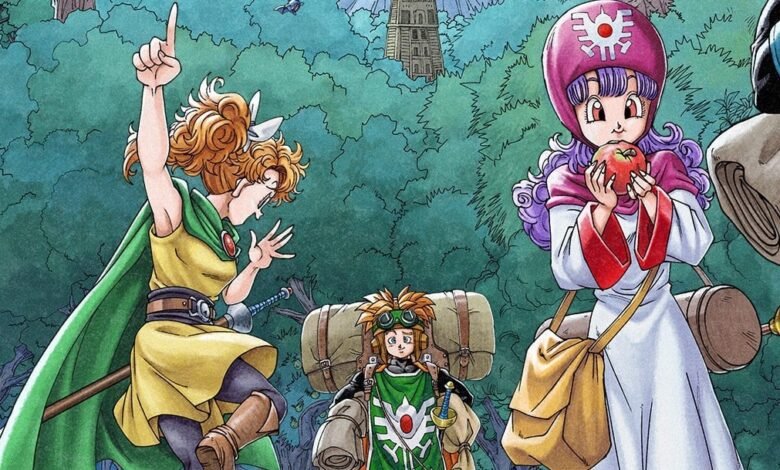 Three anime characters in a forest setting, one pointing, one eating an apple, and one with a backpack.