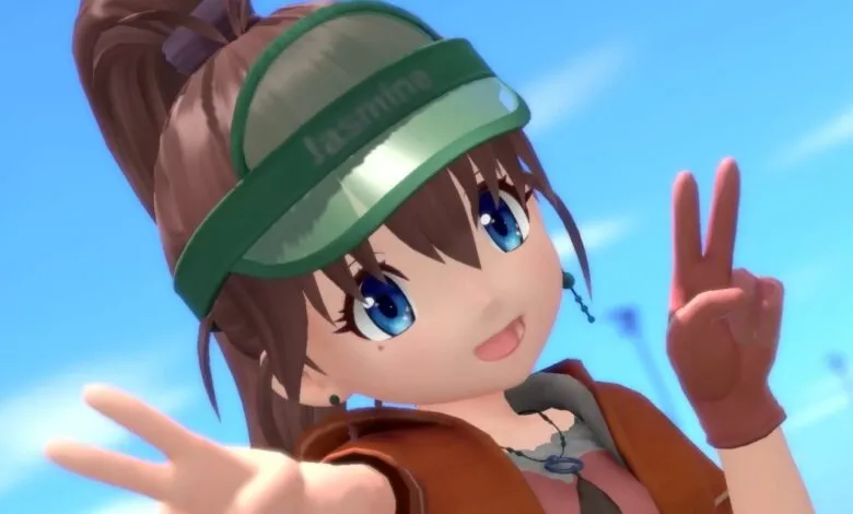 Anime girl with brown hair and blue eyes wearing a green visor and orange jacket, making peace signs.