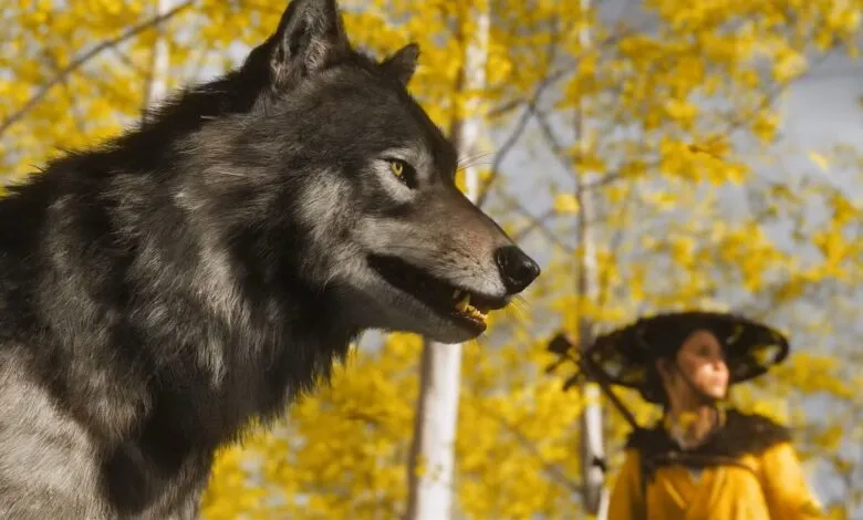 Close-up of a black wolf's head with yellow eyes, facing left, with a blurred figure in a yellow outfit and conical hat in the background.