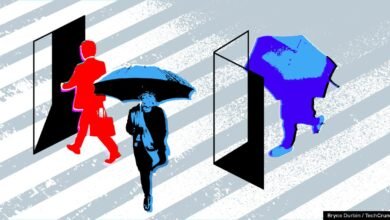 Silhouetted figures in red and blue walk across a striped crosswalk, one entering a doorway, another with an umbrella.