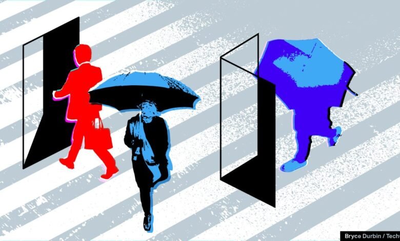 Silhouetted figures in red and blue walk across a striped crosswalk, one entering a doorway, another with an umbrella.