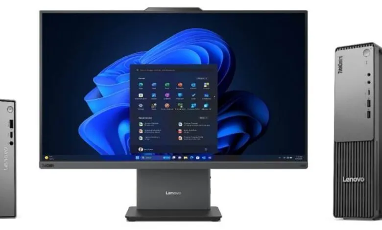 Lenovo ThinkCentre desktop computer, monitor, and small form factor PC.