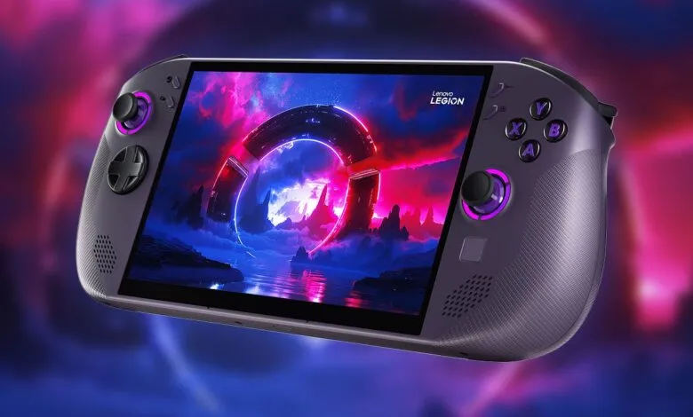 Lenovo Legion handheld gaming device with a vibrant, futuristic game displayed on screen.