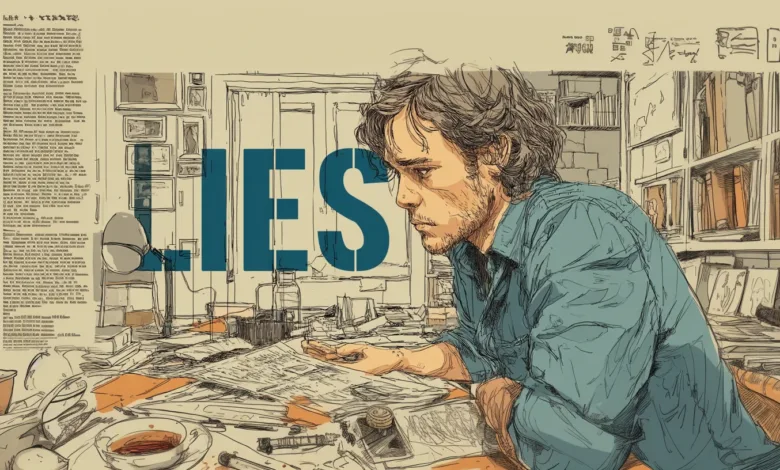 Man in blue shirt looking at papers with the word LIES behind him.