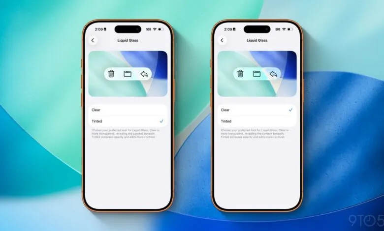 Two iPhones displaying the Liquid Glass settings with 'Clear' option selected.