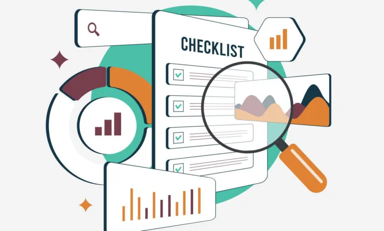 Illustration of a checklist with data charts and a magnifying glass.