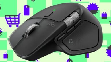 Close-up of a black Logitech MX Master 3S mouse with shopping icons in the background.