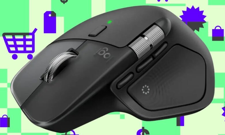 Close-up of a black Logitech MX Master 3S mouse with shopping icons in the background.