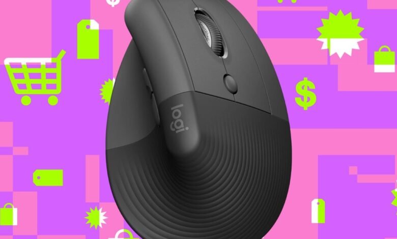 Close-up of a dark gray ergonomic Logitech mouse against a vibrant purple and pink background with shopping icons.