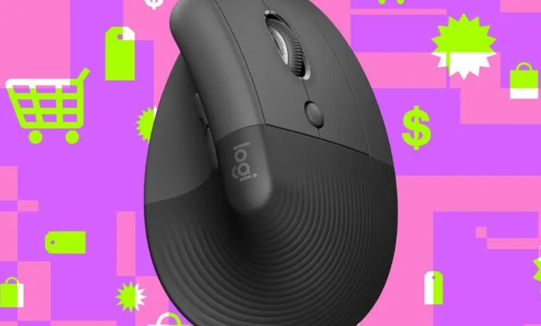 Close-up of a dark gray ergonomic Logitech mouse against a vibrant purple and pink background with shopping icons.