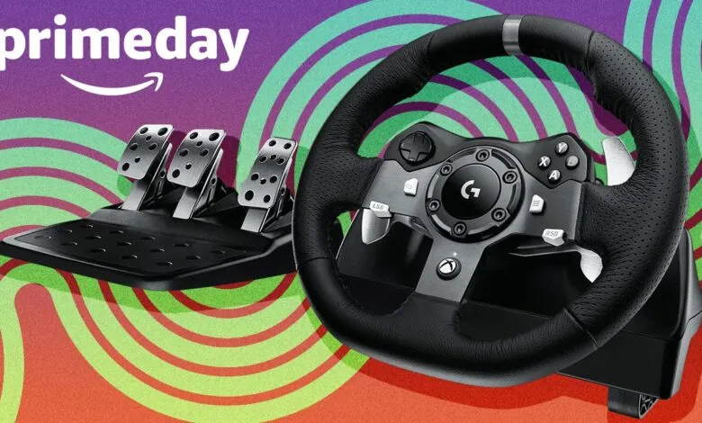 Logitech racing wheel and pedals with the Amazon Prime Day logo.