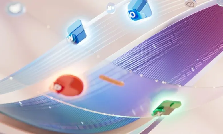 Abstract 3D rendering of Microsoft 365 app icons floating on light streams.
