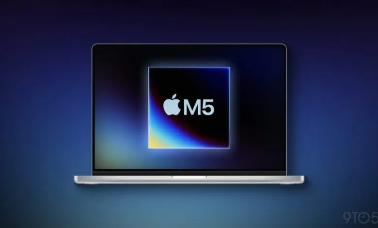 Apple M5 chip displayed on a MacBook Pro screen against a gradient blue background.