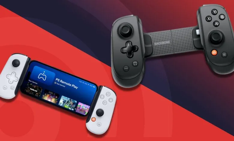 A smartphone attached to a Backbone gaming controller, showing the PS Remote Play app.