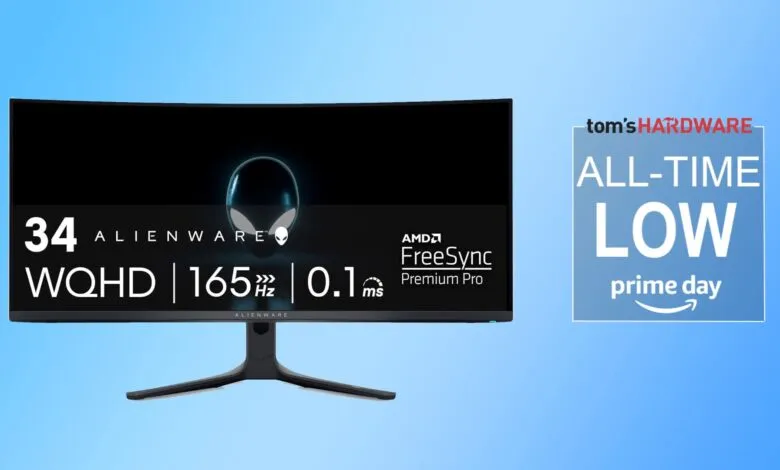 Alienware 34-inch WQHD curved gaming monitor with 165Hz refresh rate and 0.1ms response time.