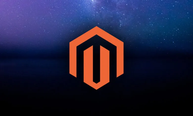 The orange Magento logo is centered against a dark blue and purple starry night sky.