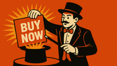 Magician in a top hat and suit pulls a sign that says 'BUY NOW' from a hat.