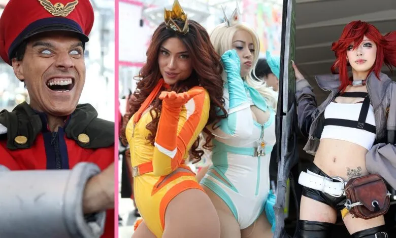 Cosplayers dressed as characters from video games and anime at a convention.