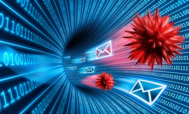 Abstract representation of a digital tunnel with binary code, email icons, and red virus-like shapes.