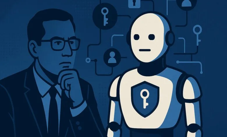 Man in suit and glasses contemplates a robot with security icons.