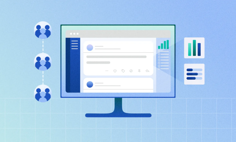 Illustration of a computer screen displaying social media feeds and analytics, with connected user icons.